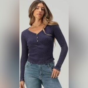 Full Tilt Tilly’s Navy Ribbed Long Sleeve Henley Knockout Top NWT